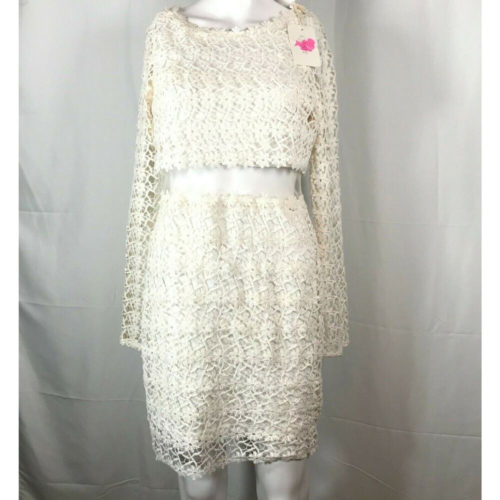 NWT L'Atiste By Amy Dress Womens Sz M White Lace Long Sleeve Sheer Sheath